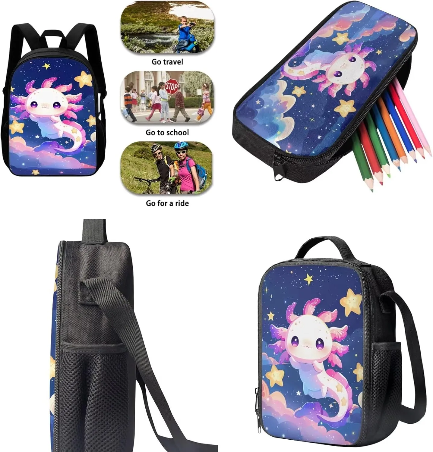 Renewold Axolotl Star 3pcs Girls School Bag and Insulated Lunch Box Pencil Case Set Childrens Teens Backpack Bookbag Kids Schoolbag for Travel Back to School Book Bag for Preschool Elementary Middle