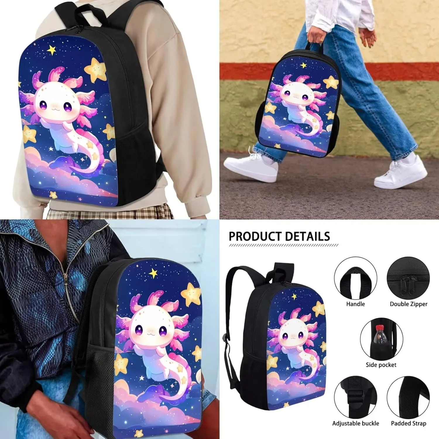 Renewold Axolotl Star 3pcs Girls School Bag and Insulated Lunch Box Pencil Case Set Childrens Teens Backpack Bookbag Kids Schoolbag for Travel Back to School Book Bag for Preschool Elementary Middle