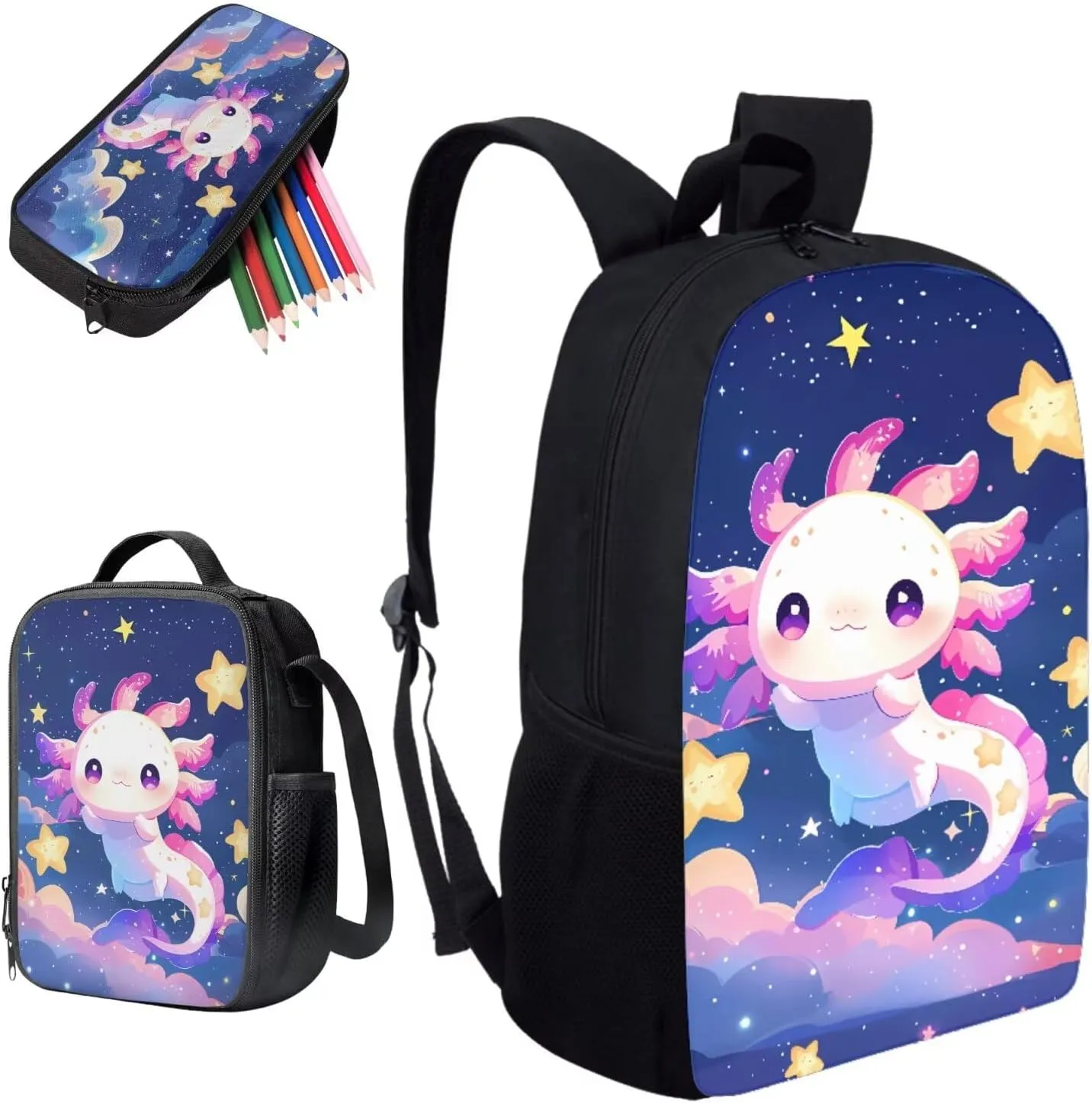Renewold Axolotl Star 3pcs Girls School Bag and Insulated Lunch Box Pencil Case Set Childrens Teens Backpack Bookbag Kids Schoolbag for Travel Back to School Book Bag for Preschool Elementary Middle