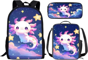 Renewold Axolotl Star 3pcs Girls School Bag and Insulated Lunch Box Pencil Case Set Childrens Teens Backpack Bookbag Kids Schoolbag for Travel Back to School Book Bag for Preschool Elementary Middle