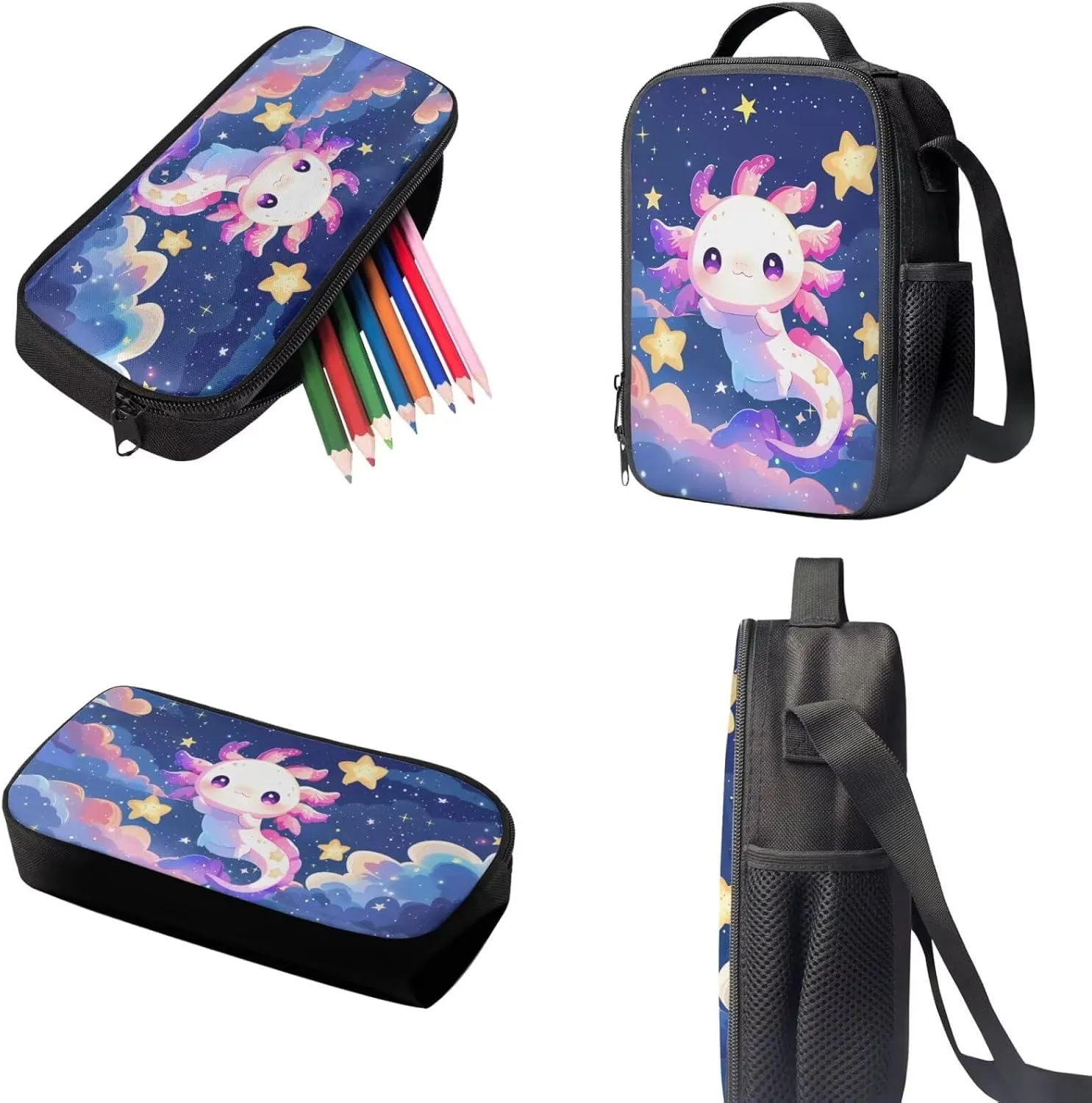 Renewold Axolotl Star 3pcs Girls School Bag and Insulated Lunch Box Pencil Case Set Childrens Teens Backpack Bookbag Kids Schoolbag for Travel Back to School Book Bag for Preschool Elementary Middle