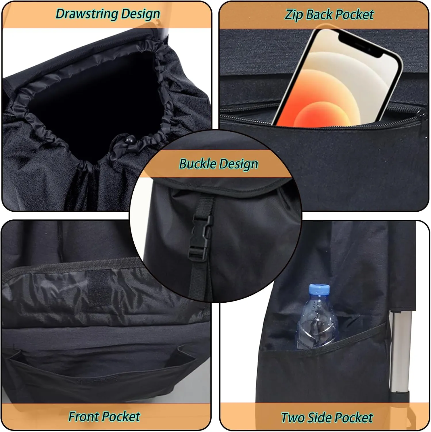 Replacement Bag for Grocery Cart/Shopping Cart - Waterproof Trolley Bags, for Aluminium alloy frame, 13inx9.5inx21.6in (Black)
