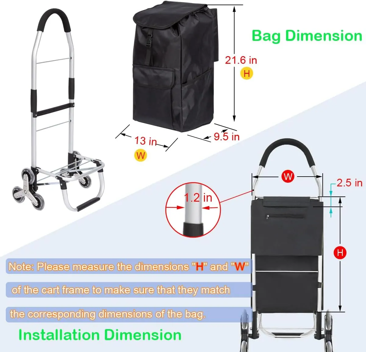 Replacement Bag for Grocery Cart/Shopping Cart - Waterproof Trolley Bags, for Aluminium alloy frame, 13inx9.5inx21.6in (Black)