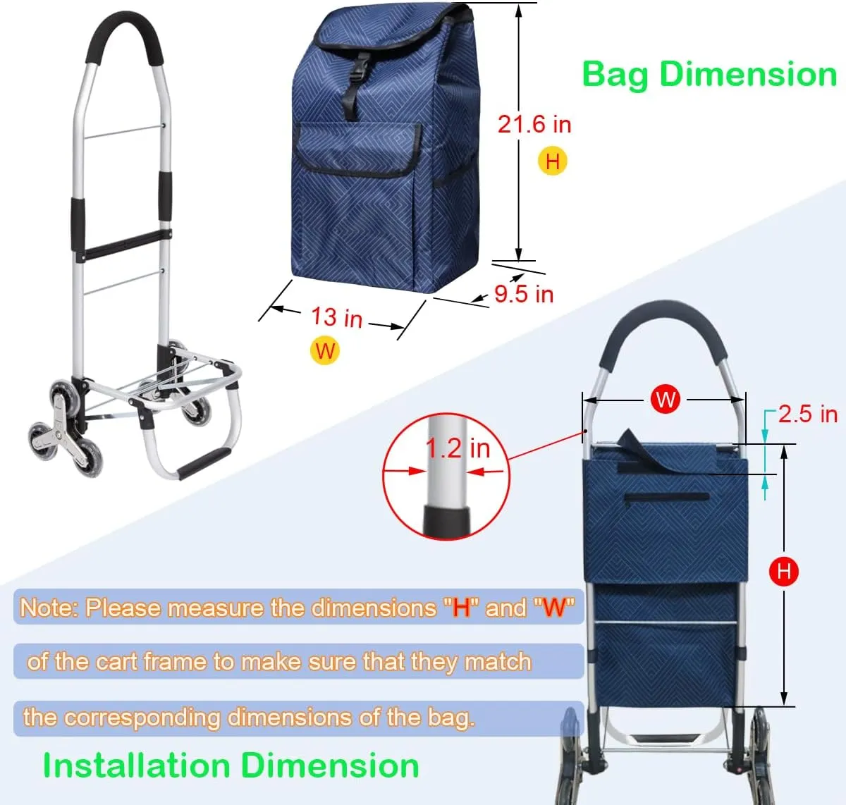Replacement Bag for Grocery Cart/Shopping Cart - Waterproof Trolley Bags, for Aluminium Alloy Frame, 13inx9.5inx21.6in (Blue Stripe)