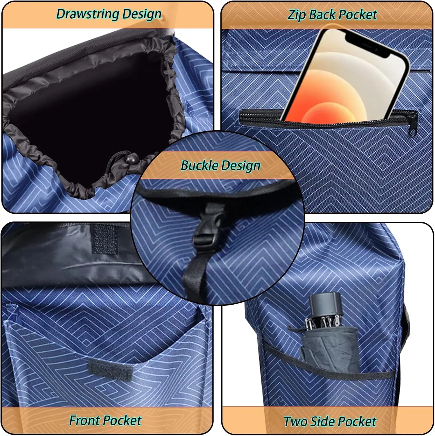 Replacement Bag for Grocery Cart/Shopping Cart - Waterproof Trolley Bags, for Aluminium Alloy Frame, 13inx9.5inx21.6in (Blue Stripe)
