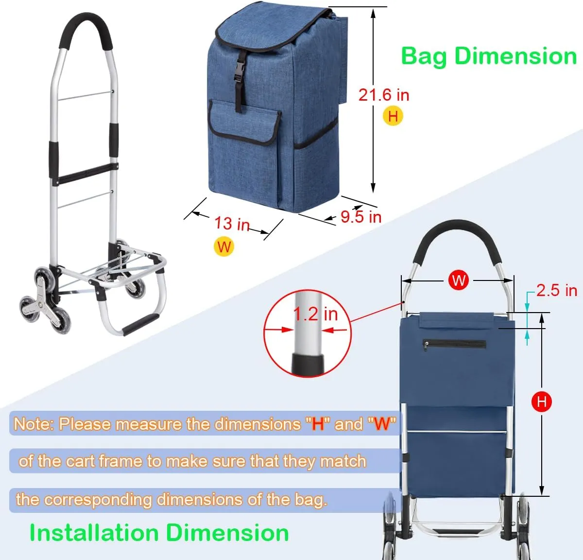 Replacement Bag for Grocery Cart/Shopping Cart - Waterproof Trolley Bags, for Aluminium Alloy Frame, 13inx9.5inx21.6in (Blue)