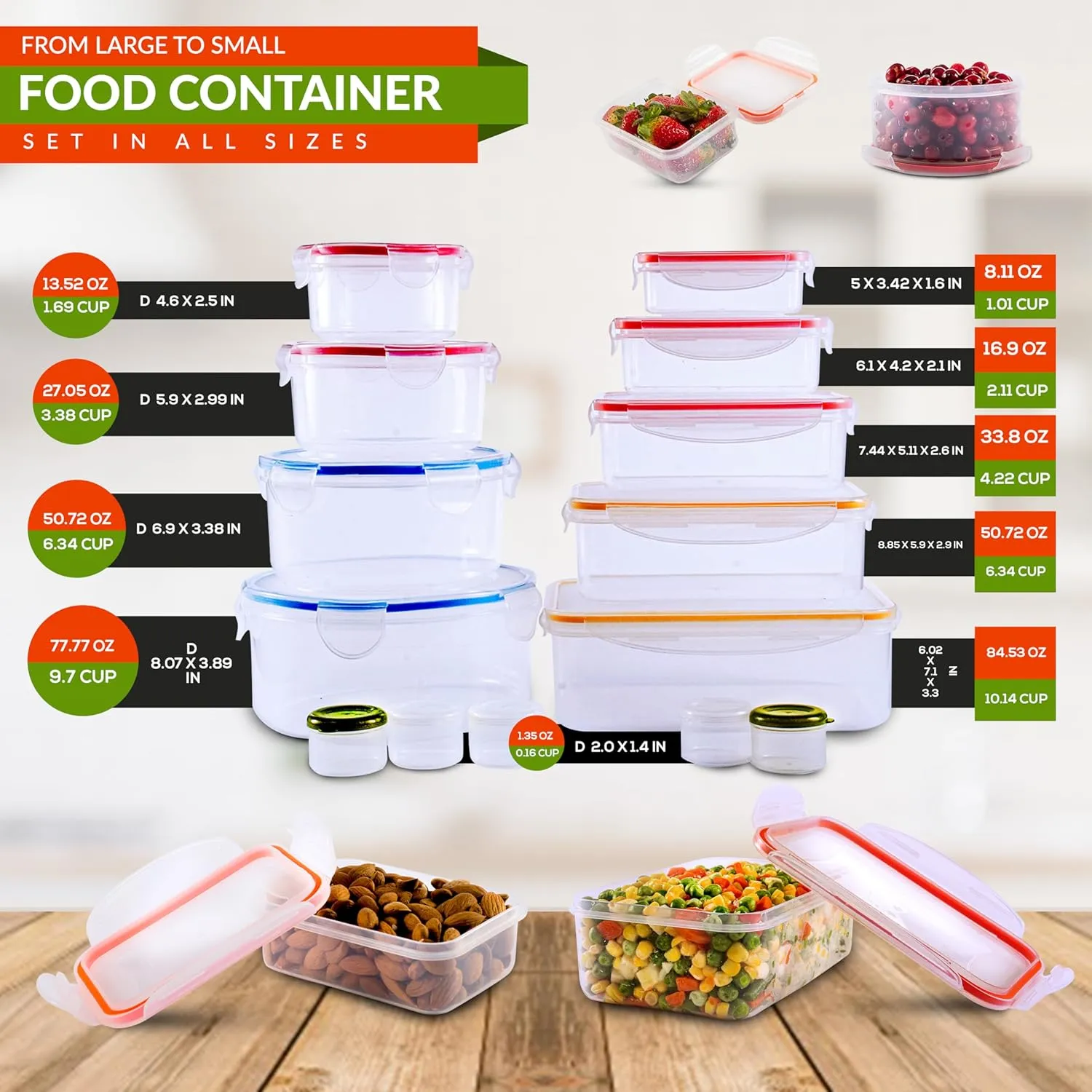 RFAQK 28 Pcs Food Storage Containers with Airtight Lids-(85OZ to 1.2OZ) 14 Clear Plastic Containers with 14 Lids-Large Meal Prep Fruits Containers for Kitchen-Freezer,Microwave and Dishwasher Safe