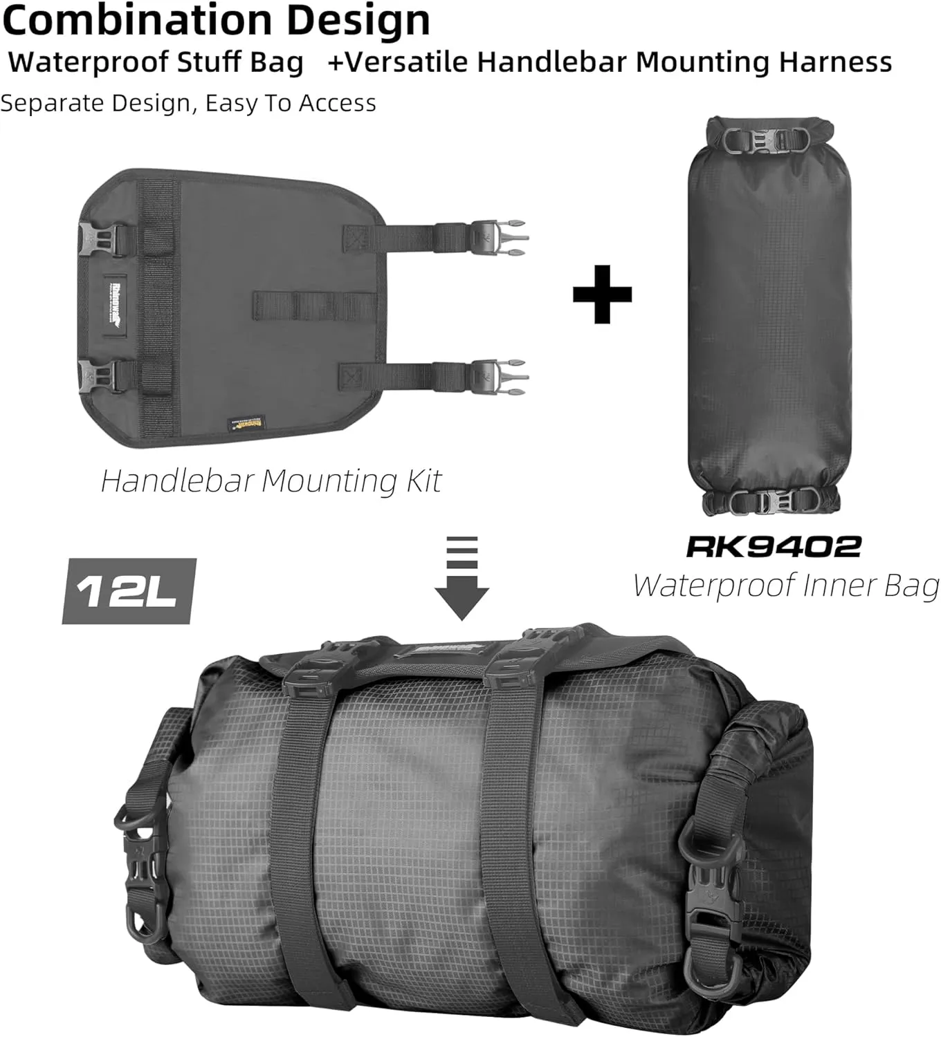 Rhinowalk Bike Handlebar Bag Waterproof Dry Bag 12L Bicycle Front Roll Bag Large Capacity Storage Bag Shoulder Bag for Bikepacking
