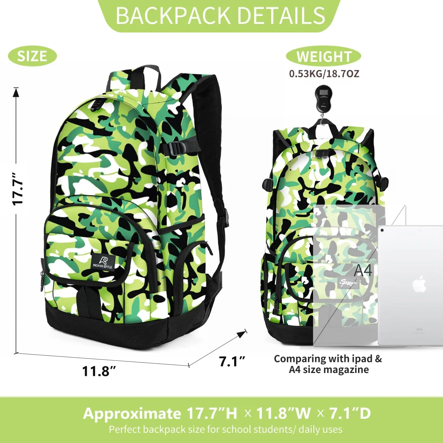 rickyh style School Backpack Travel Bag for Men & Women Lightweight College Back Pack with Laptop Compartmen