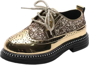 rismart Boys Girls Lace-up Oxfords Brogue Wingtip Shiny Sequin School Uniform Dress Shoes for Wedding Birthday Performance
