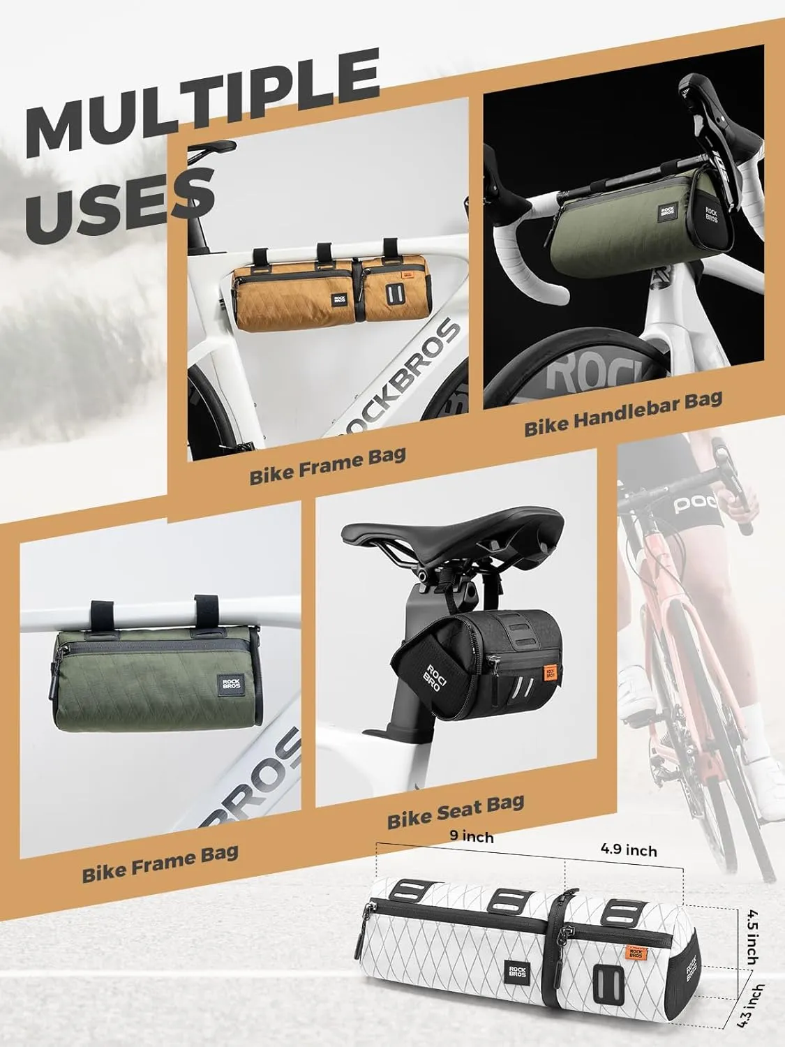 ROCKBROS Bike Handlebar Bag, 2L Large Capacity Handlebar Bags for Bicycles, 2 In 1 Multifunctional Bike Frame Bag, Separated Bike Saddle Bag