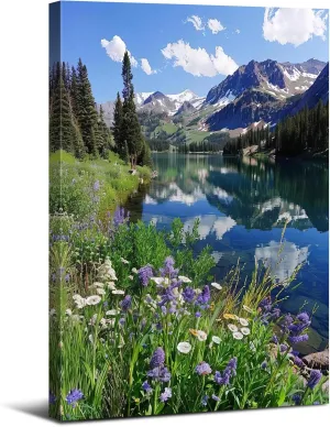 Rocky Mountain Wall Art Colorado National Park Posters Purple Flowers Canvas Pictures Pine Trees Prints Nature Lake Reflection Scenery Painting Artwork for Living Room Office Home Decoration 12x16"
