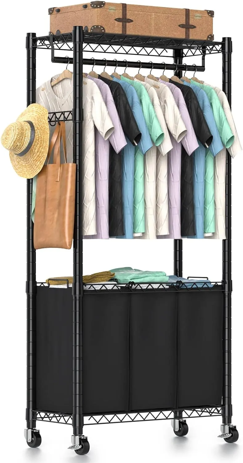Rolling Laundry Basket Organizer with Wheels and Hanging Bar, Laundry Hamper Cart Laundry Sorter 3 Section, Dirty Clothes Hampers for Laundry Bedroom Bathroom w/ 3 Removable Bags, Black