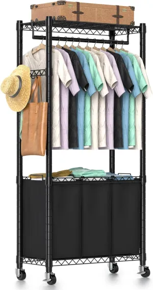 Rolling Laundry Basket Organizer with Wheels and Hanging Bar, Laundry Hamper Cart Laundry Sorter 3 Section, Dirty Clothes Hampers for Laundry Bedroom Bathroom w/ 3 Removable Bags, Black