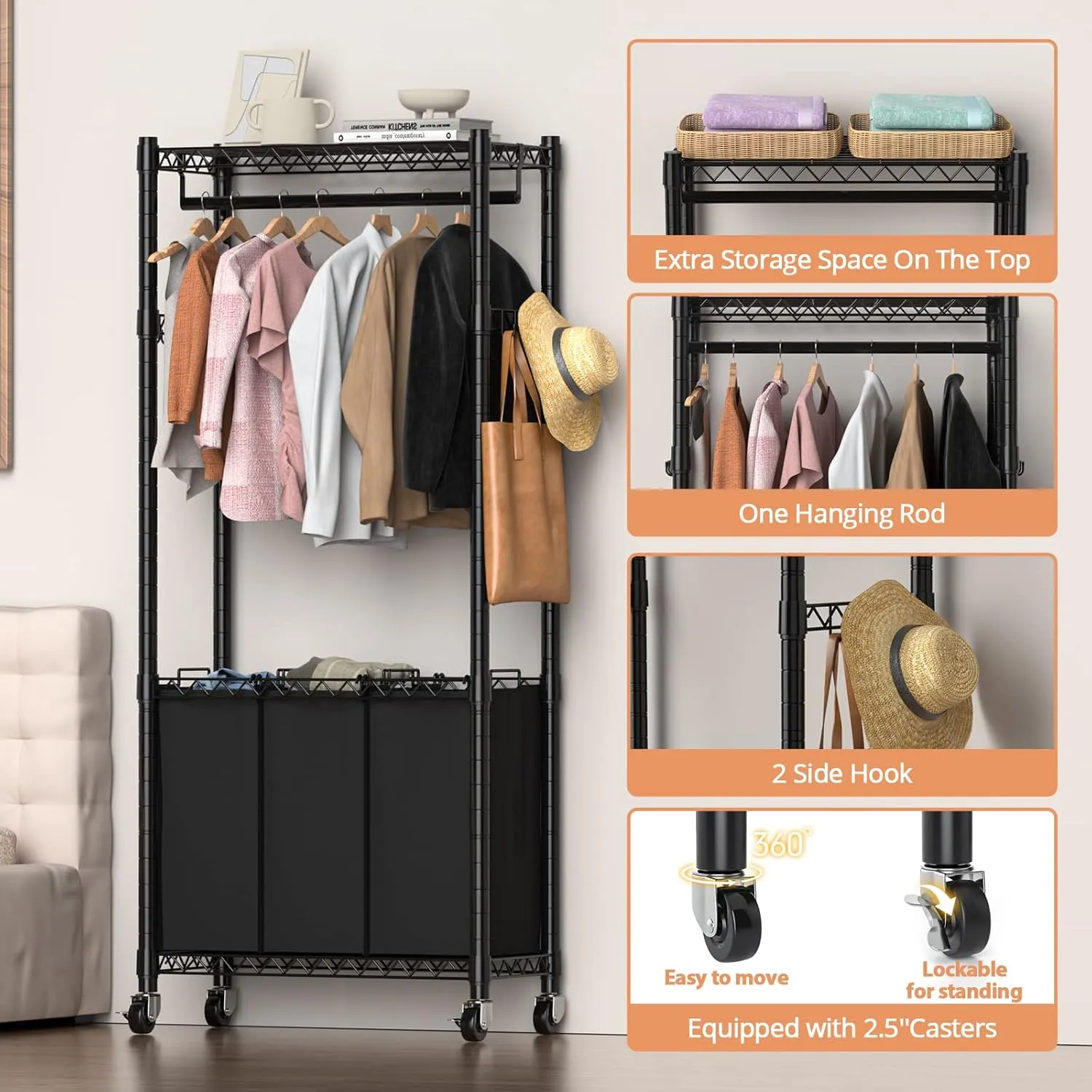 Rolling Laundry Basket Organizer with Wheels and Hanging Bar, Laundry Hamper Cart Laundry Sorter 3 Section, Dirty Clothes Hampers for Laundry Bedroom Bathroom w/ 3 Removable Bags, Black