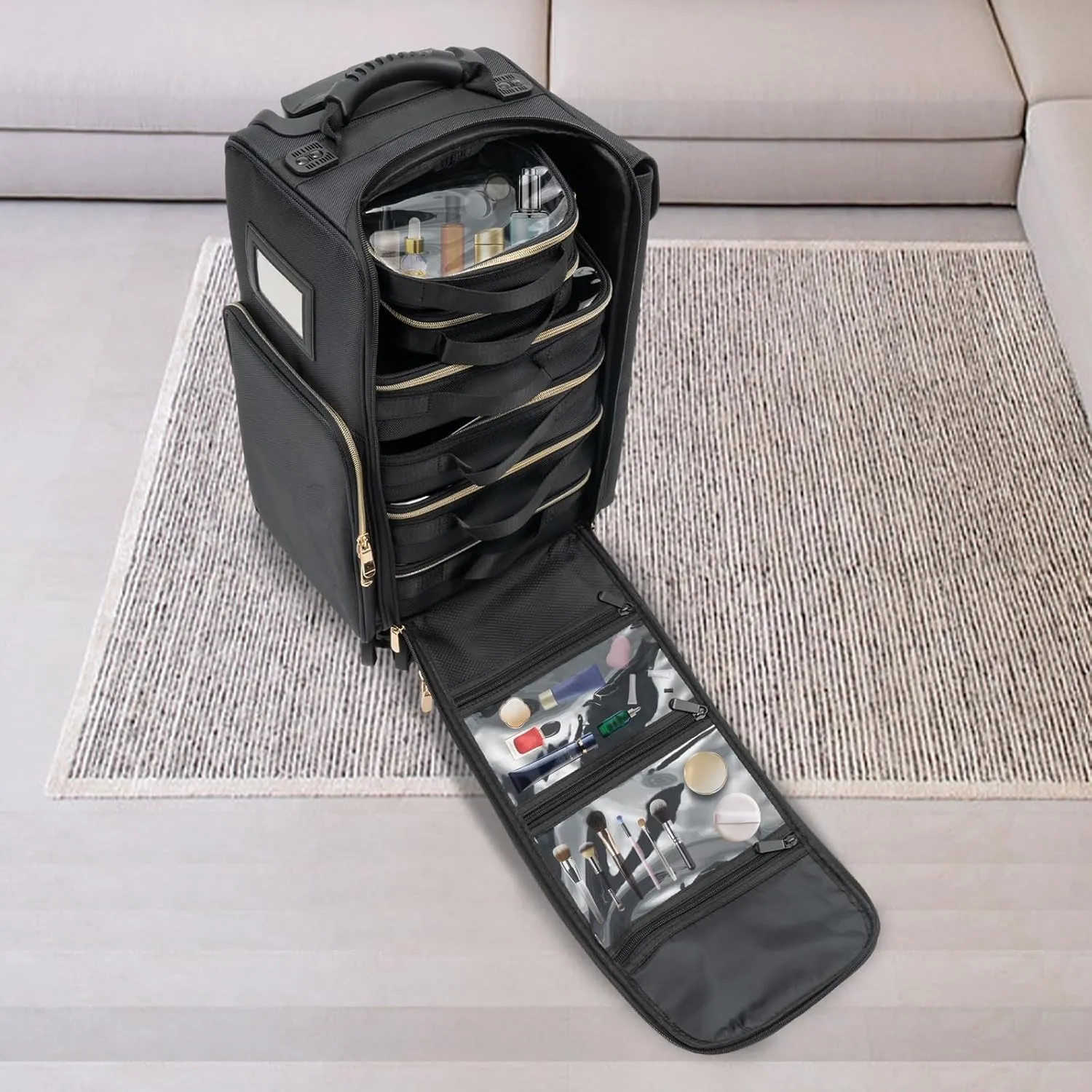 Rolling Makeup Train Case,Cosmetic Storage Organizer with 6 Removable Cosmetic Bags,Rolling Trolley Cosmetic Case for Makeup Artist Nail Technician,Black (Black)