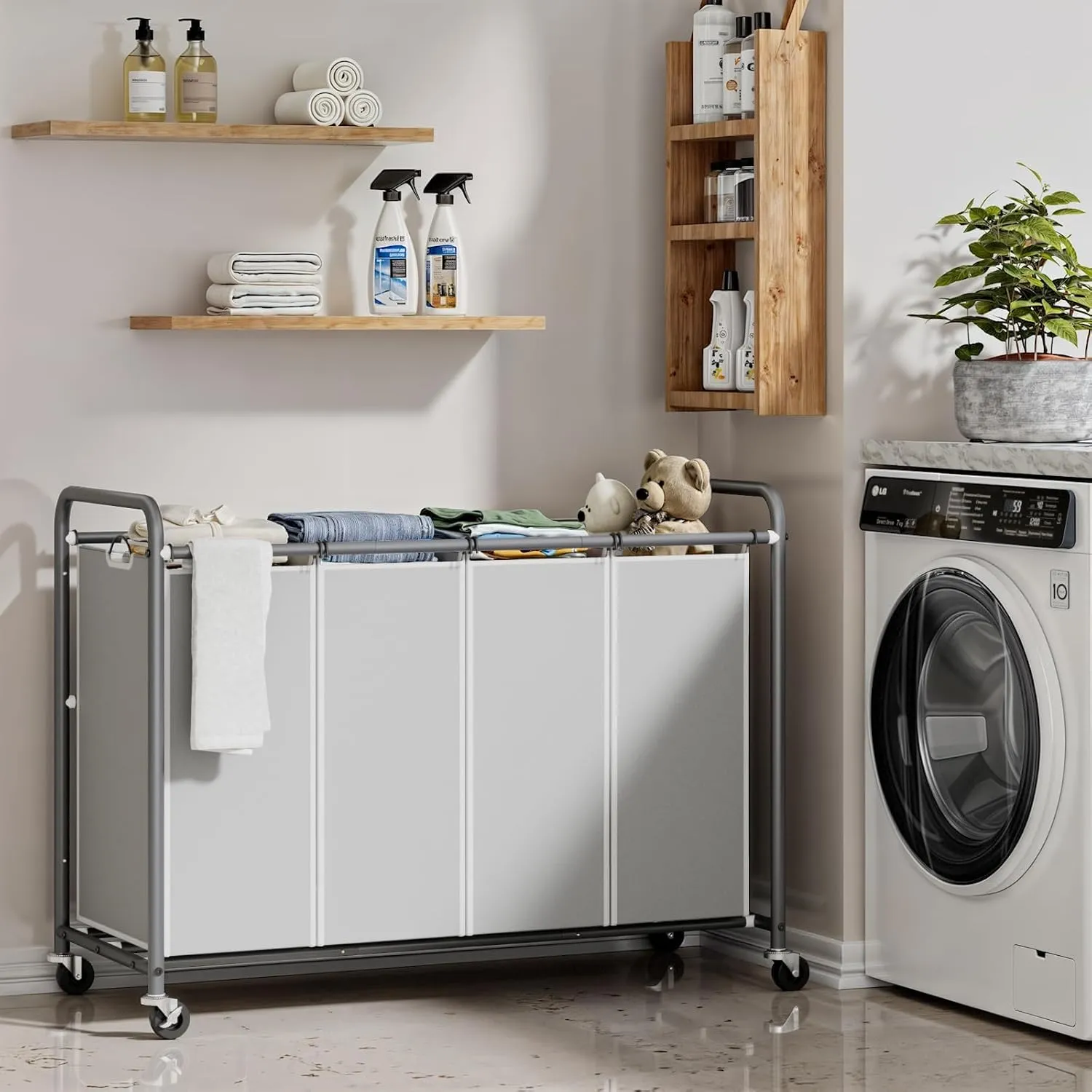 ROMOON 4 Section Heavy Duty Laundry Sorter, Separated Laundry Hamper Cart with Wheels and Removable Bags, Rolling Laundry Basket Organizer for Dirty Clothes Storage in Laundry Room, Grey