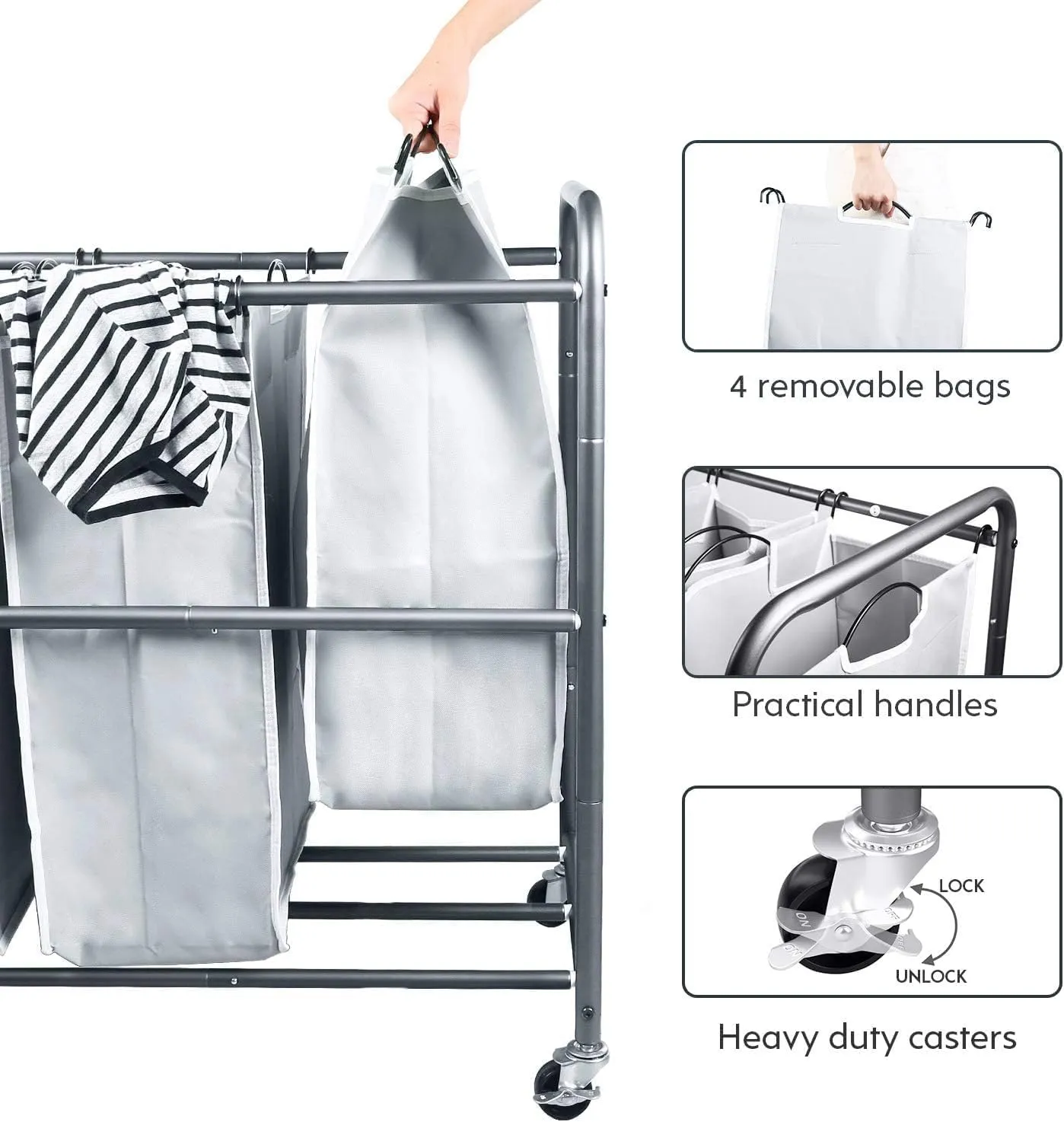 ROMOON 4 Section Heavy Duty Laundry Sorter, Separated Laundry Hamper Cart with Wheels and Removable Bags, Rolling Laundry Basket Organizer for Dirty Clothes Storage in Laundry Room, Grey