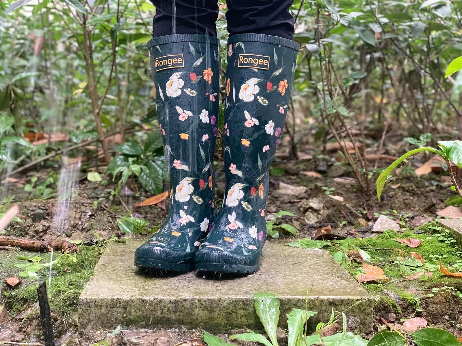 Rongee Rain Boots for Women Waterproof Floral Printed with Adjustable Buckle