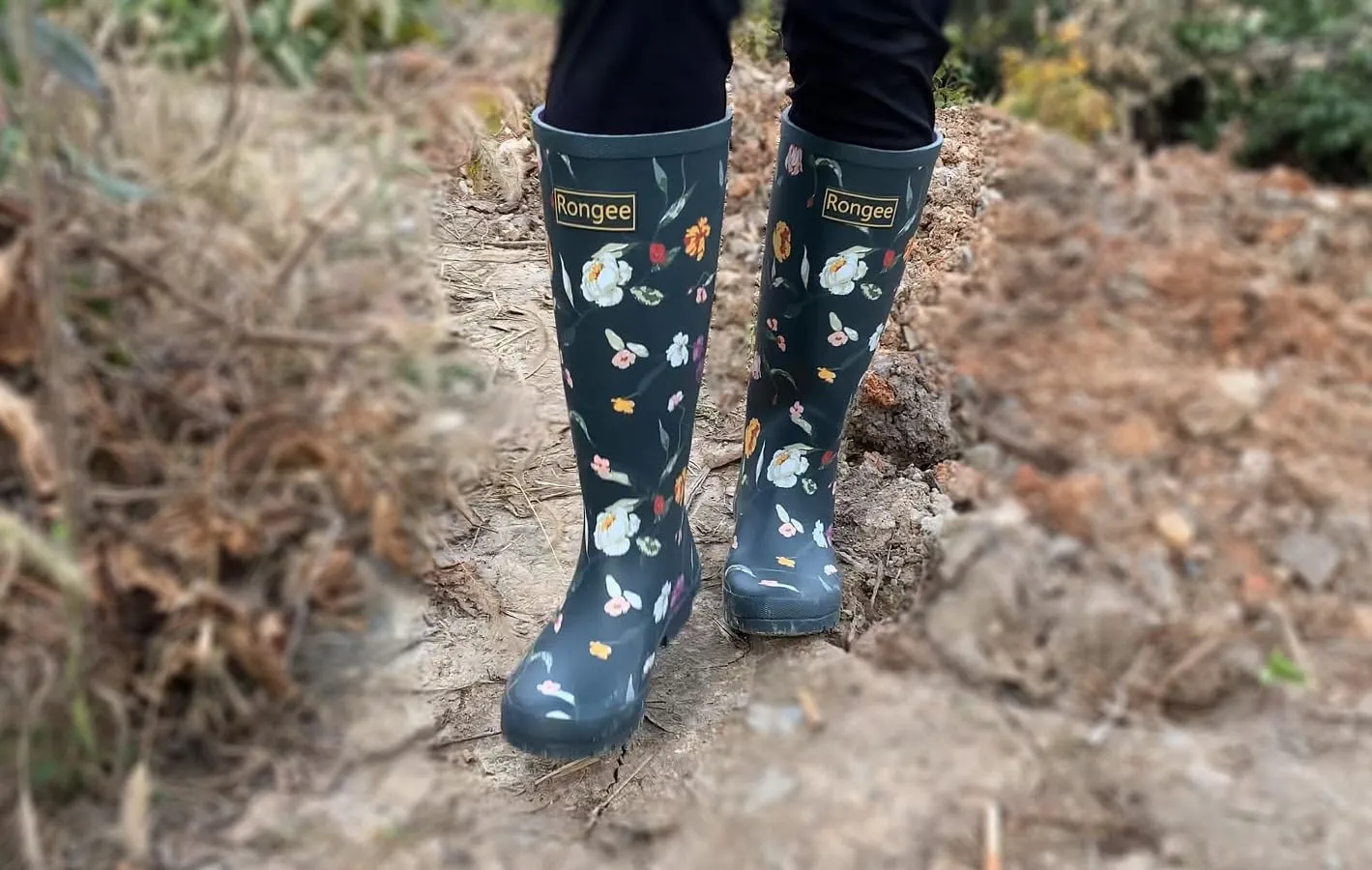 Rongee Rain Boots for Women Waterproof Floral Printed with Adjustable Buckle