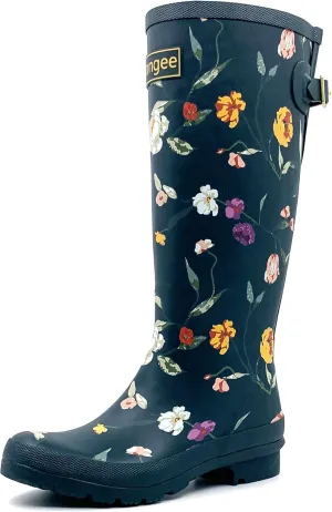 Rongee Rain Boots for Women Waterproof Floral Printed with Adjustable Buckle