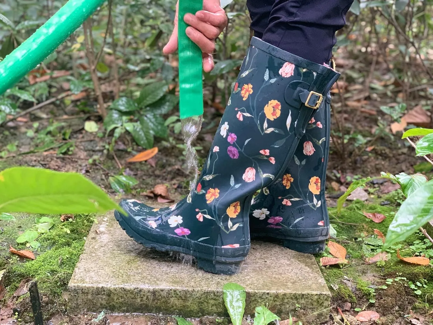 Rongee Rain Boots for Women Waterproof Floral Printed with Adjustable Buckle