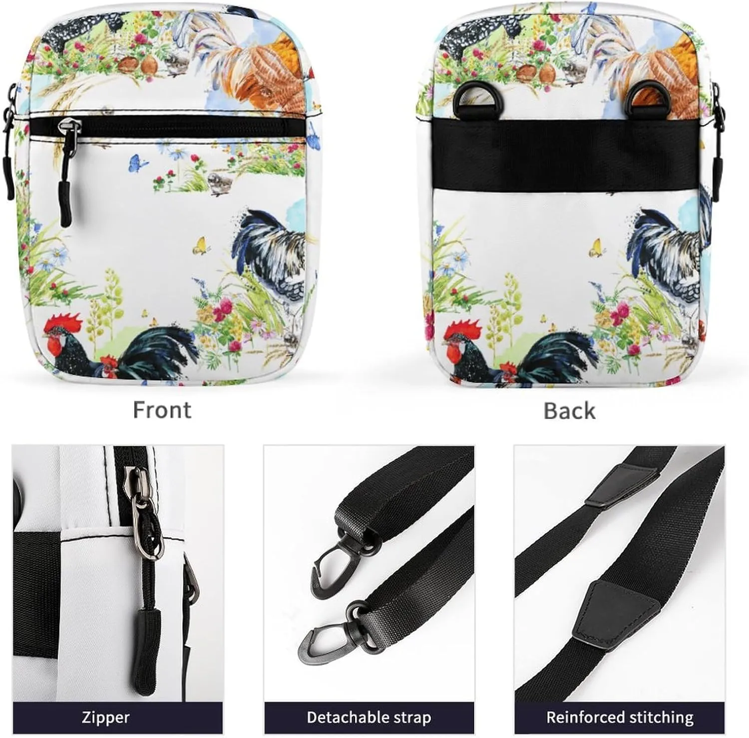 Rooster Watercolor Flower Crossbody Bag Small Shoulder Bag Waterproof, Lightweight And Convenient
