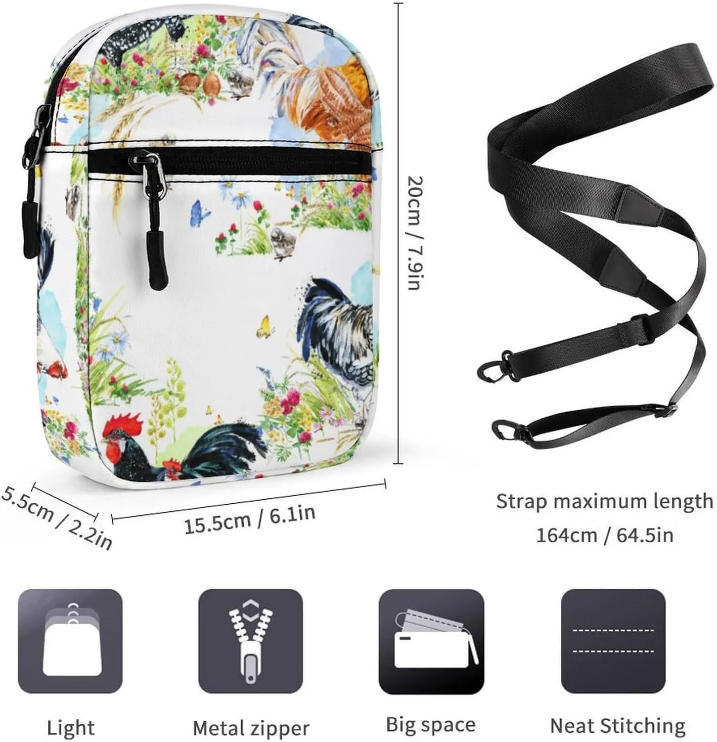 Rooster Watercolor Flower Crossbody Bag Small Shoulder Bag Waterproof, Lightweight And Convenient
