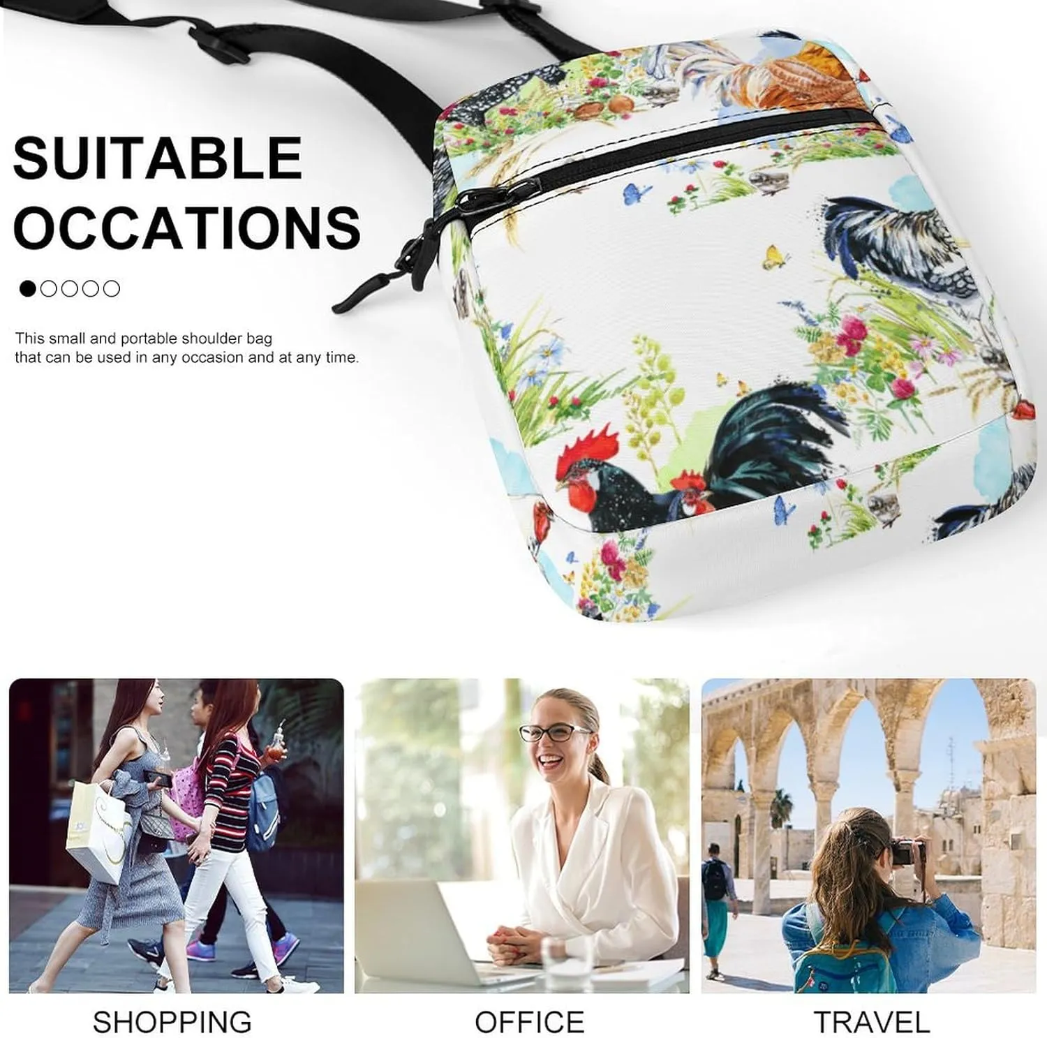 Rooster Watercolor Flower Crossbody Bag Small Shoulder Bag Waterproof, Lightweight And Convenient