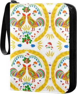 Roosters and Rye on White Background Card Binder for Trading Cards, 4 Pocket with 50 Sleeves up to 400 Cards, Double Sided Pockets Card Holder Carry Case for Baseball Card, Football Card, Gaming Cards