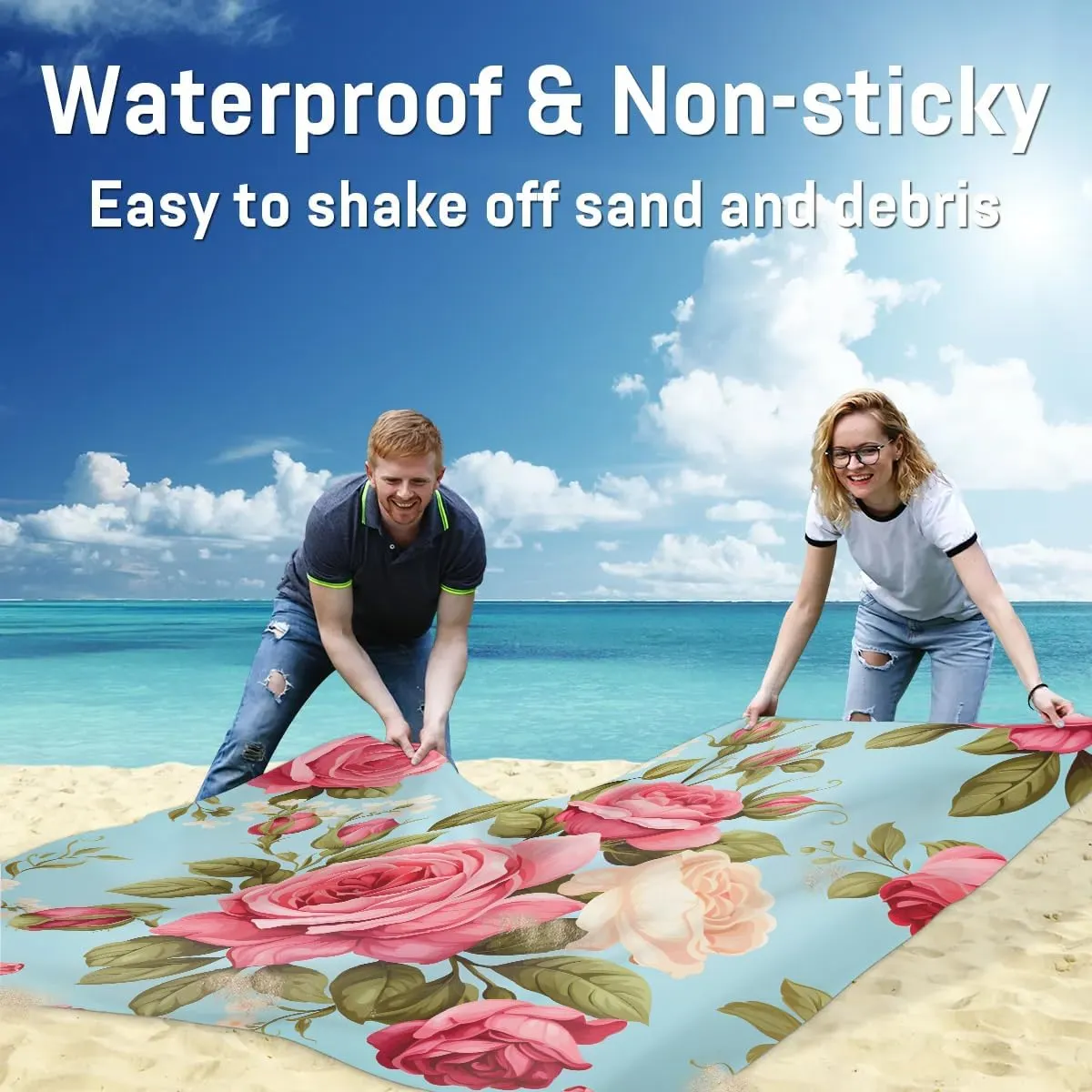 Rose Floral Beach Blanket, Sandproof Beach Mat, 68 x 59 Waterproof Quick Drying Sand Free Mat with 4 x Ground Spikes for Outdoor Travel Camping Hiking, Rose Flower