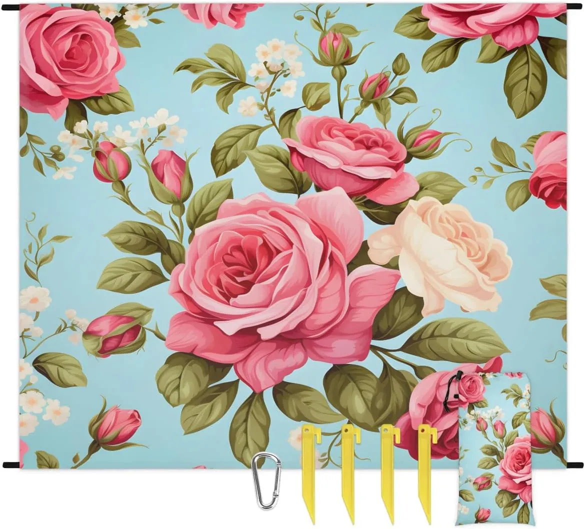 Rose Floral Beach Blanket, Sandproof Beach Mat, 68 x 59 Waterproof Quick Drying Sand Free Mat with 4 x Ground Spikes for Outdoor Travel Camping Hiking, Rose Flower