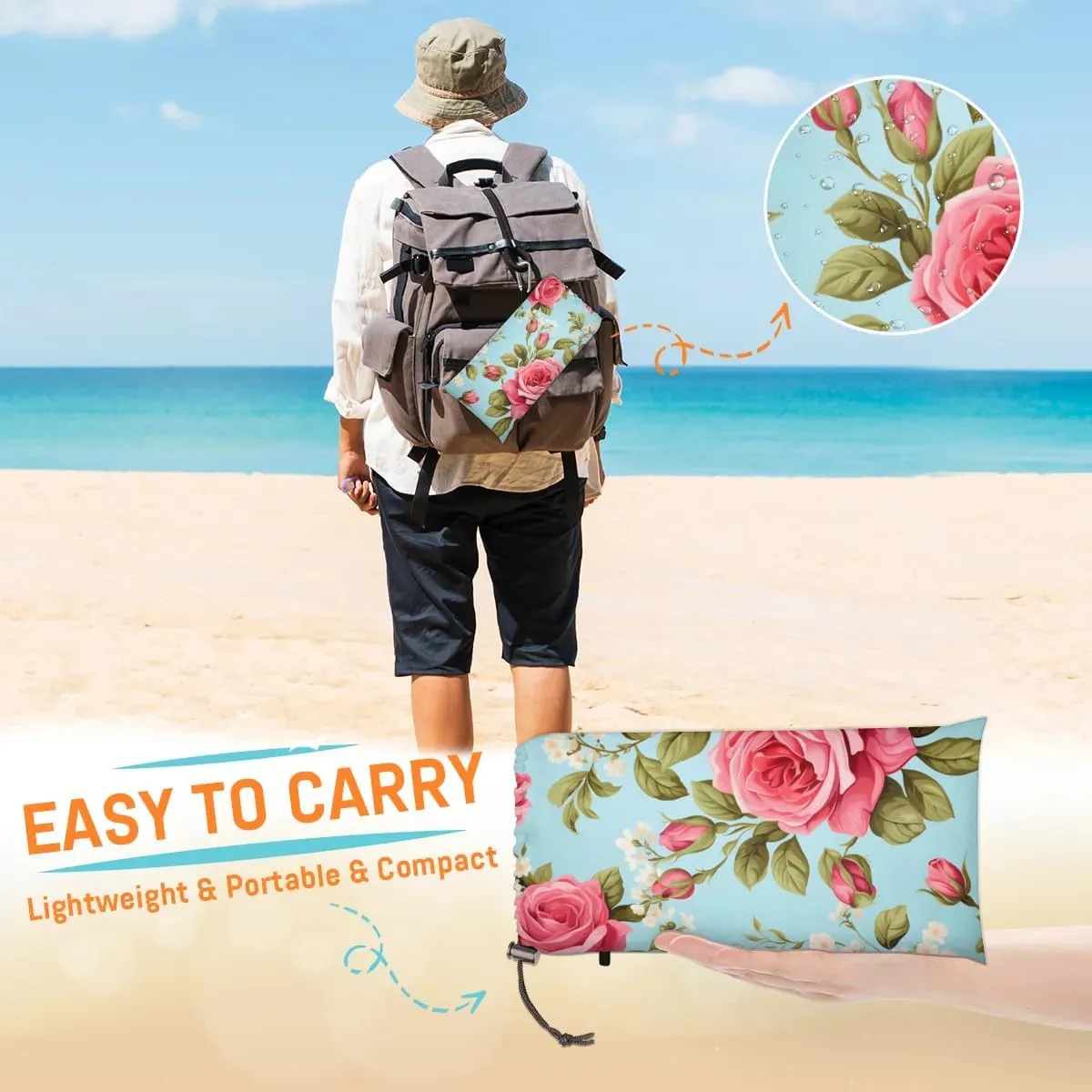 Rose Floral Beach Blanket, Sandproof Beach Mat, 68 x 59 Waterproof Quick Drying Sand Free Mat with 4 x Ground Spikes for Outdoor Travel Camping Hiking, Rose Flower