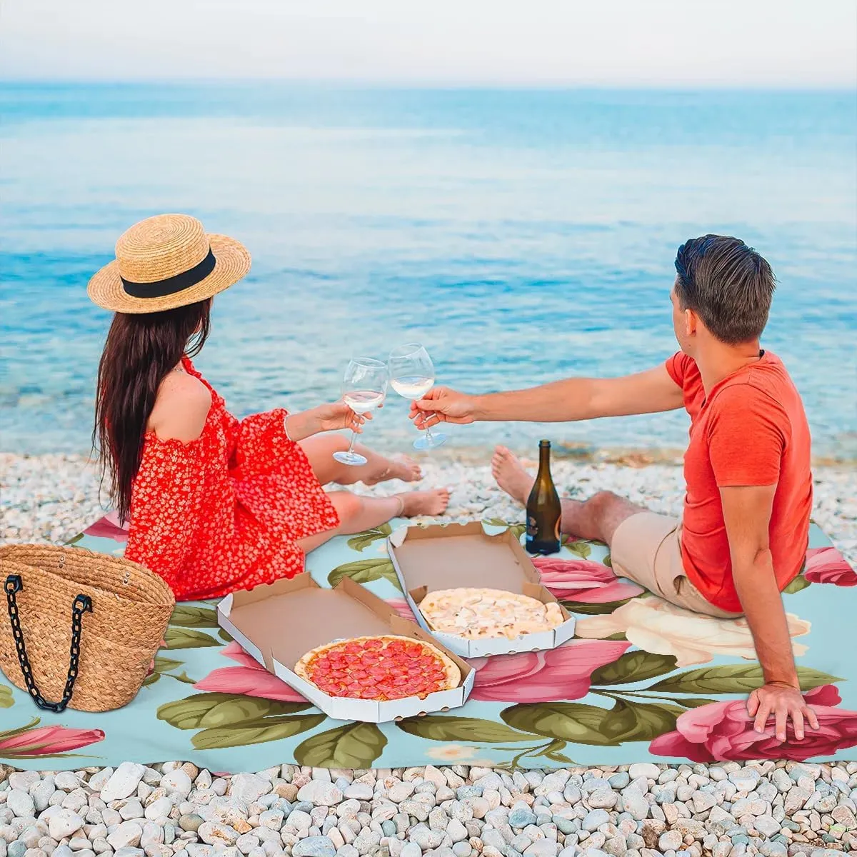 Rose Floral Beach Blanket, Sandproof Beach Mat, 68 x 59 Waterproof Quick Drying Sand Free Mat with 4 x Ground Spikes for Outdoor Travel Camping Hiking, Rose Flower