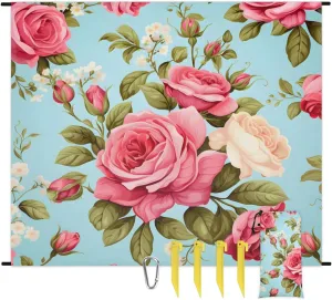 Rose Floral Beach Blanket, Sandproof Beach Mat, 68 x 59 Waterproof Quick Drying Sand Free Mat with 4 x Ground Spikes for Outdoor Travel Camping Hiking, Rose Flower