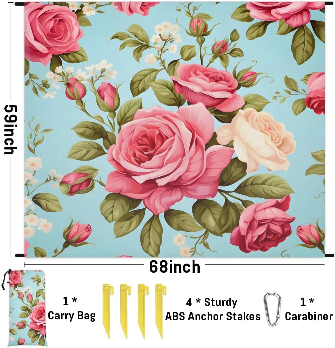 Rose Floral Beach Blanket, Sandproof Beach Mat, 68 x 59 Waterproof Quick Drying Sand Free Mat with 4 x Ground Spikes for Outdoor Travel Camping Hiking, Rose Flower