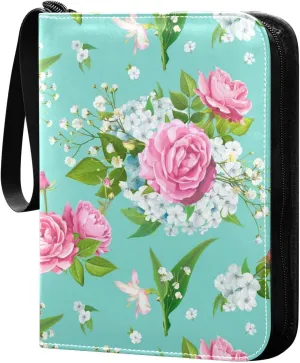 Roses Light-blue Phloxes Pattern Card Binder for Trading Cards, 4 Pocket with 50 Sleeves up to 400 Cards, Double Sided Pockets Card Holder Carry Case for Baseball Card, Football Card, Gaming Cards