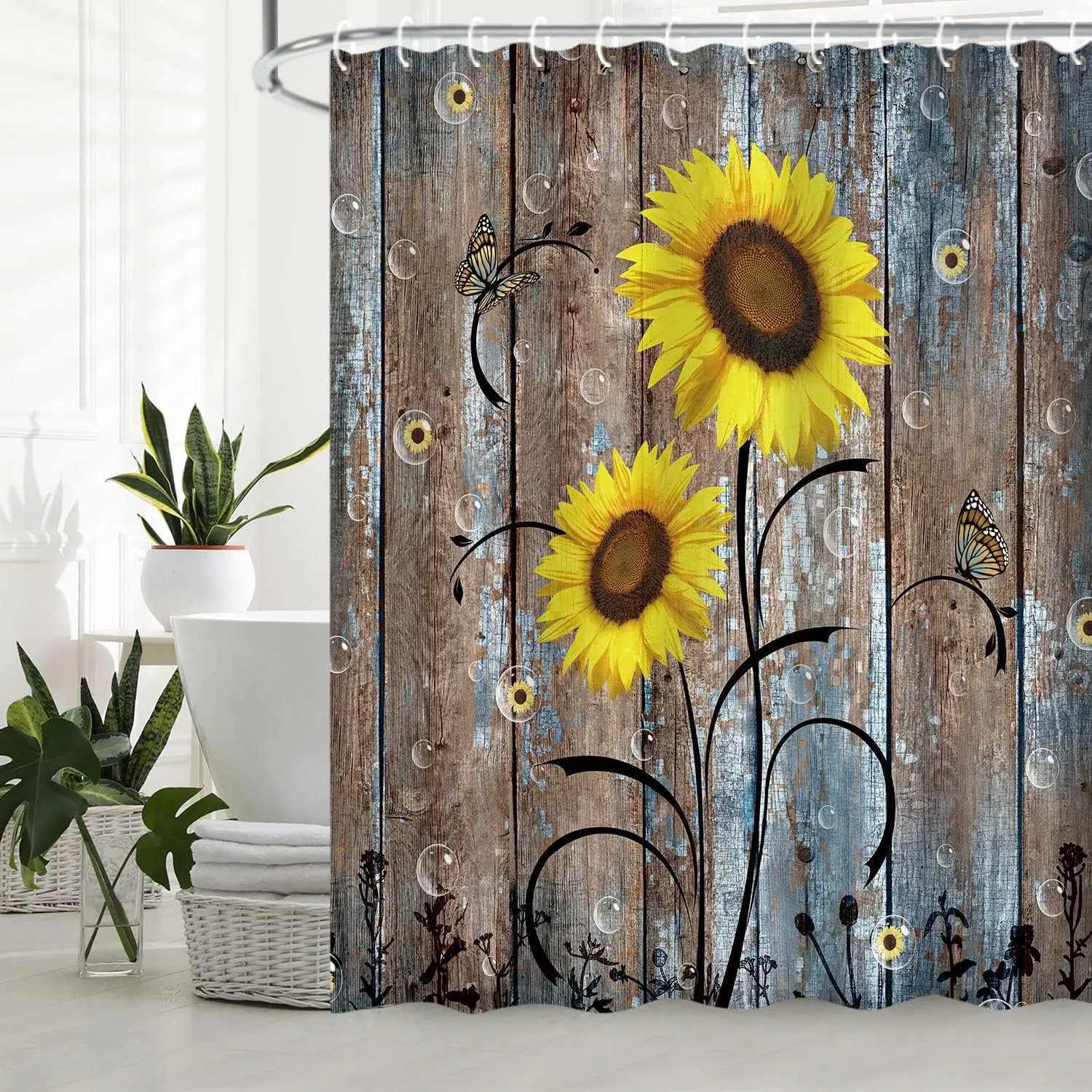 RosieLily Sunflower Shower Curtain, Country Shower Curtain, Rustic Yellow Floral on Brown Door Fall Autumn Farmhouse 72W x 72H inch Shower Curtain with Hooks Western Fabric Waterproof Bath Curtain