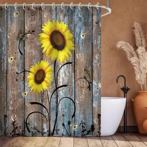 RosieLily Sunflower Shower Curtain, Country Shower Curtain, Rustic Yellow Floral on Brown Door Fall Autumn Farmhouse 72W x 72H inch Shower Curtain with Hooks Western Fabric Waterproof Bath Curtain