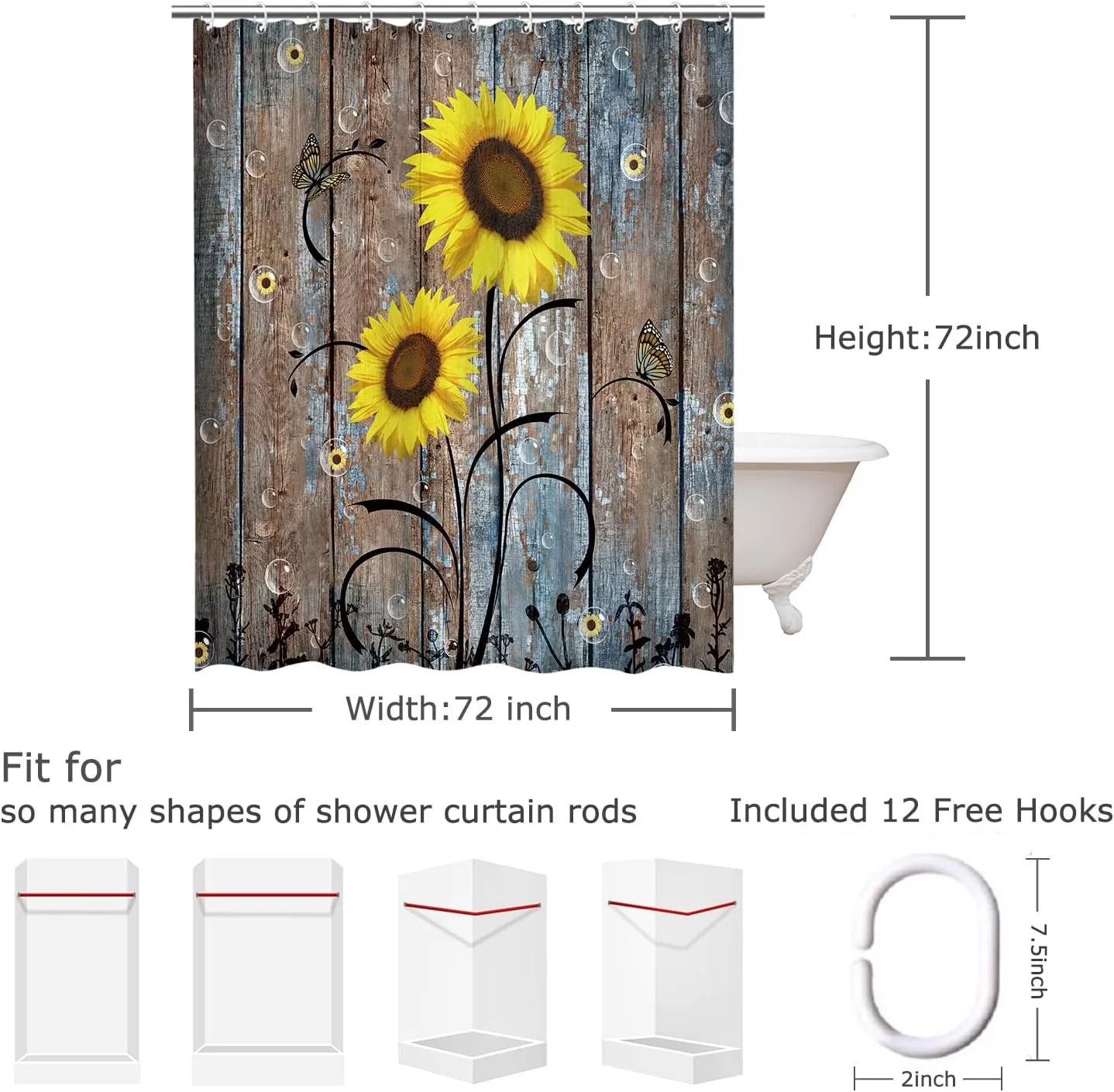 RosieLily Sunflower Shower Curtain, Country Shower Curtain, Rustic Yellow Floral on Brown Door Fall Autumn Farmhouse 72W x 72H inch Shower Curtain with Hooks Western Fabric Waterproof Bath Curtain