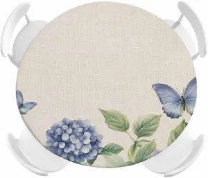 Round Fitted Tablecloth Retro Pastoral Flower Butterfly Waterproof Table Cover for Indoor Outdoor Holiday Party Vintage Hydrangea Botanical Elastic Edged Tablecloths Fit Up 45"-54" Tables
