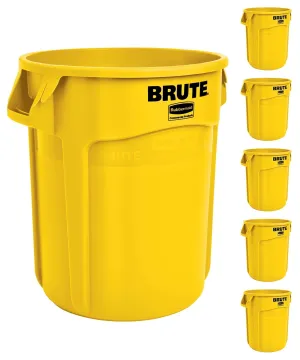 Rubbermaid Commercial Products BRUTE Heavy-Duty Round Trash/Garbage Can, 20-Gallon, Yellow, Outdoor Waste Container for Landscapers/Construction/Restaurants/Back of House/Offices/Warehouses, Pack of 6