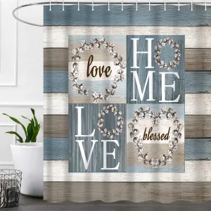 Rustic Floral Flower Sweet Love Home Fabric Shower Curtain, Farmhouse Country Vintage Wood Plank Cotton Shower Curtains for Bathroom Decor, Waterproof Polyester Durable with 12 Hooks,72x72