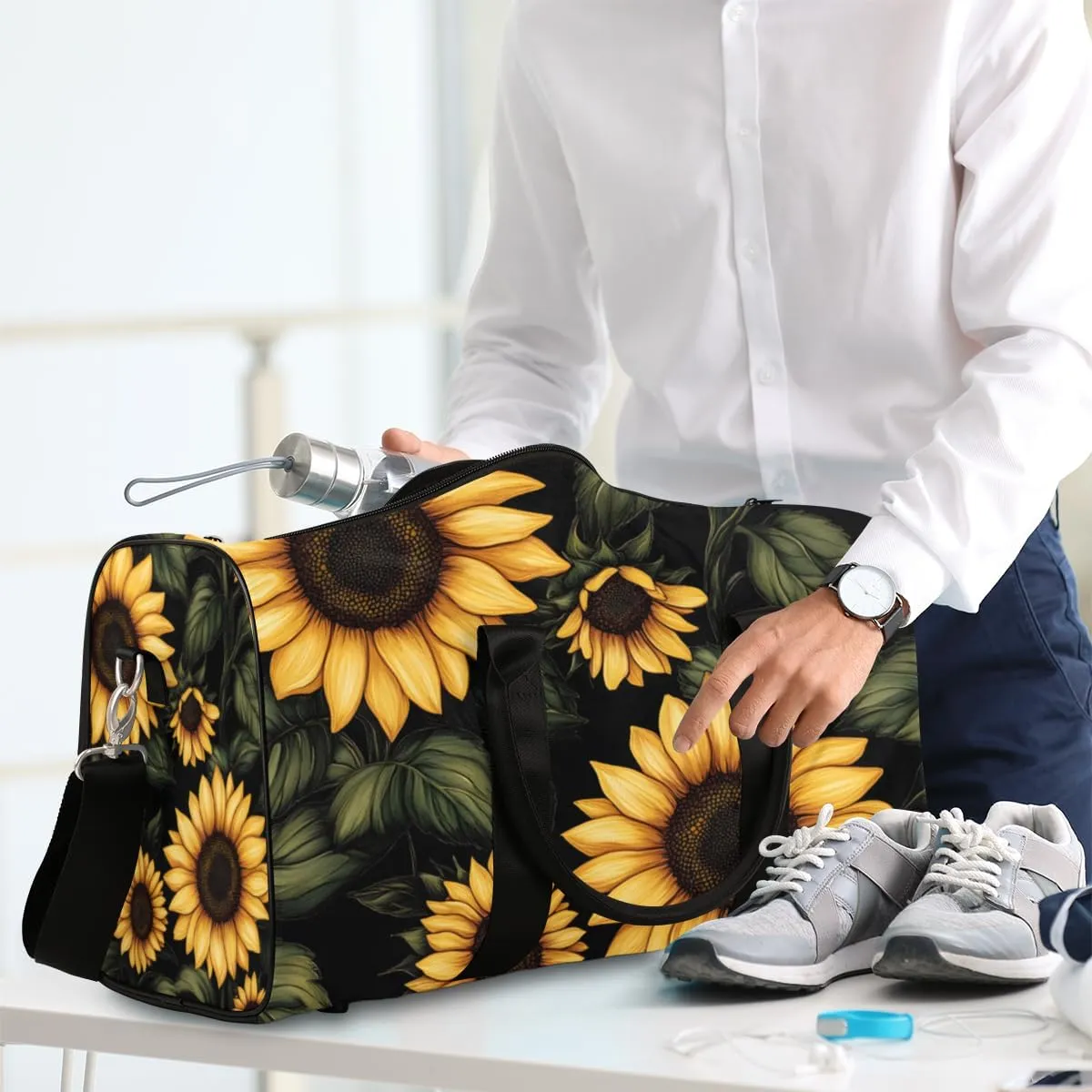 Rustic Sunflower Travel Duffle Bag for Women Men Gym Duffel Foldable Bag Waterproof Weekender Farmhouse Flower Duffle Tote