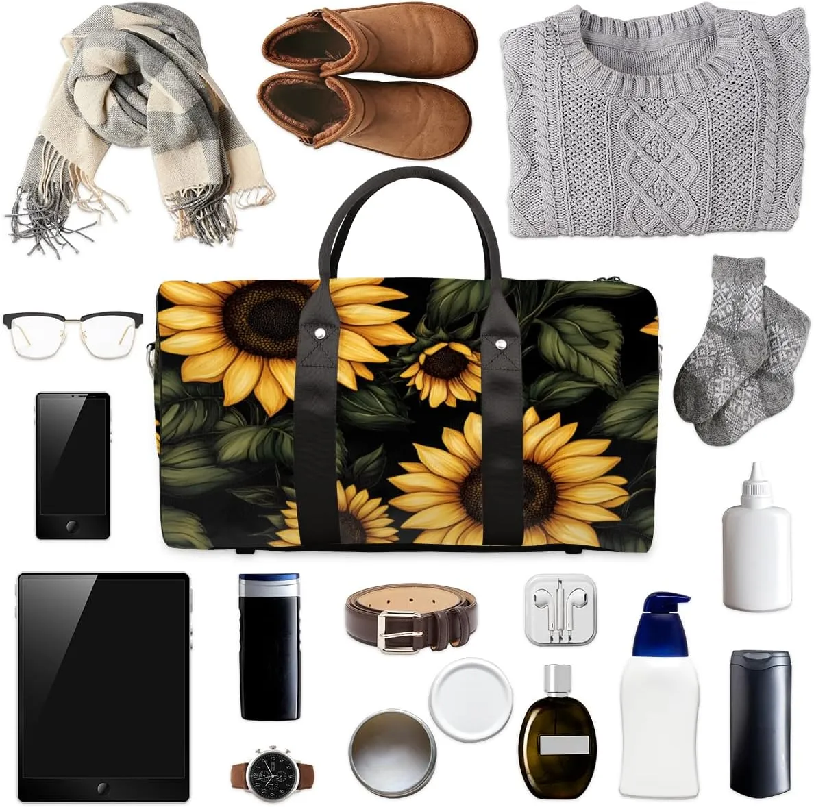 Rustic Sunflower Travel Duffle Bag for Women Men Gym Duffel Foldable Bag Waterproof Weekender Farmhouse Flower Duffle Tote
