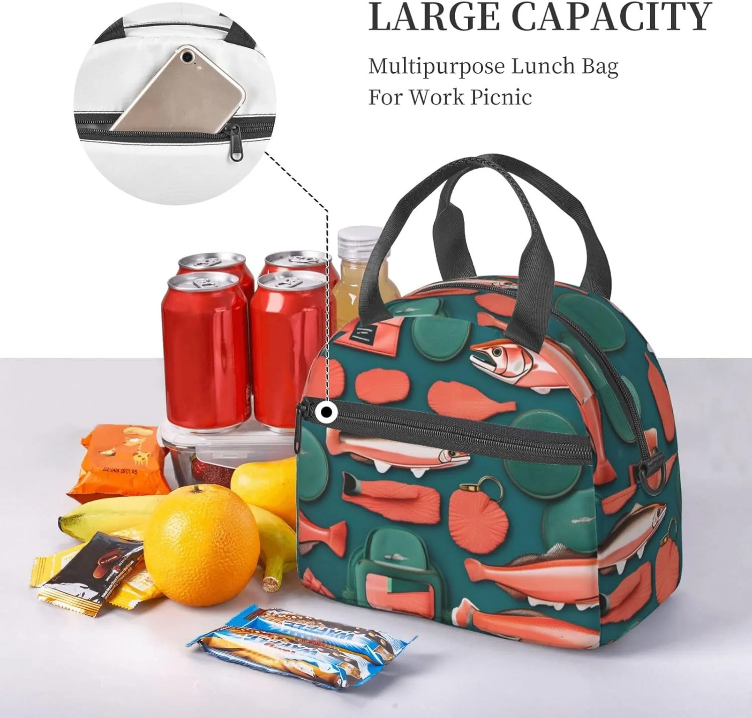 Salmon Pattern Lunch Bag Lunch Box Reusable Insulated For Adults For Work Travel Women Men