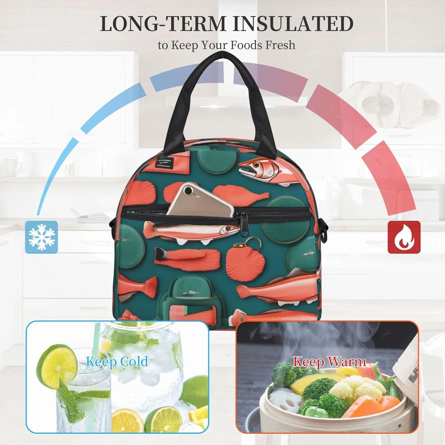 Salmon Pattern Lunch Bag Lunch Box Reusable Insulated For Adults For Work Travel Women Men