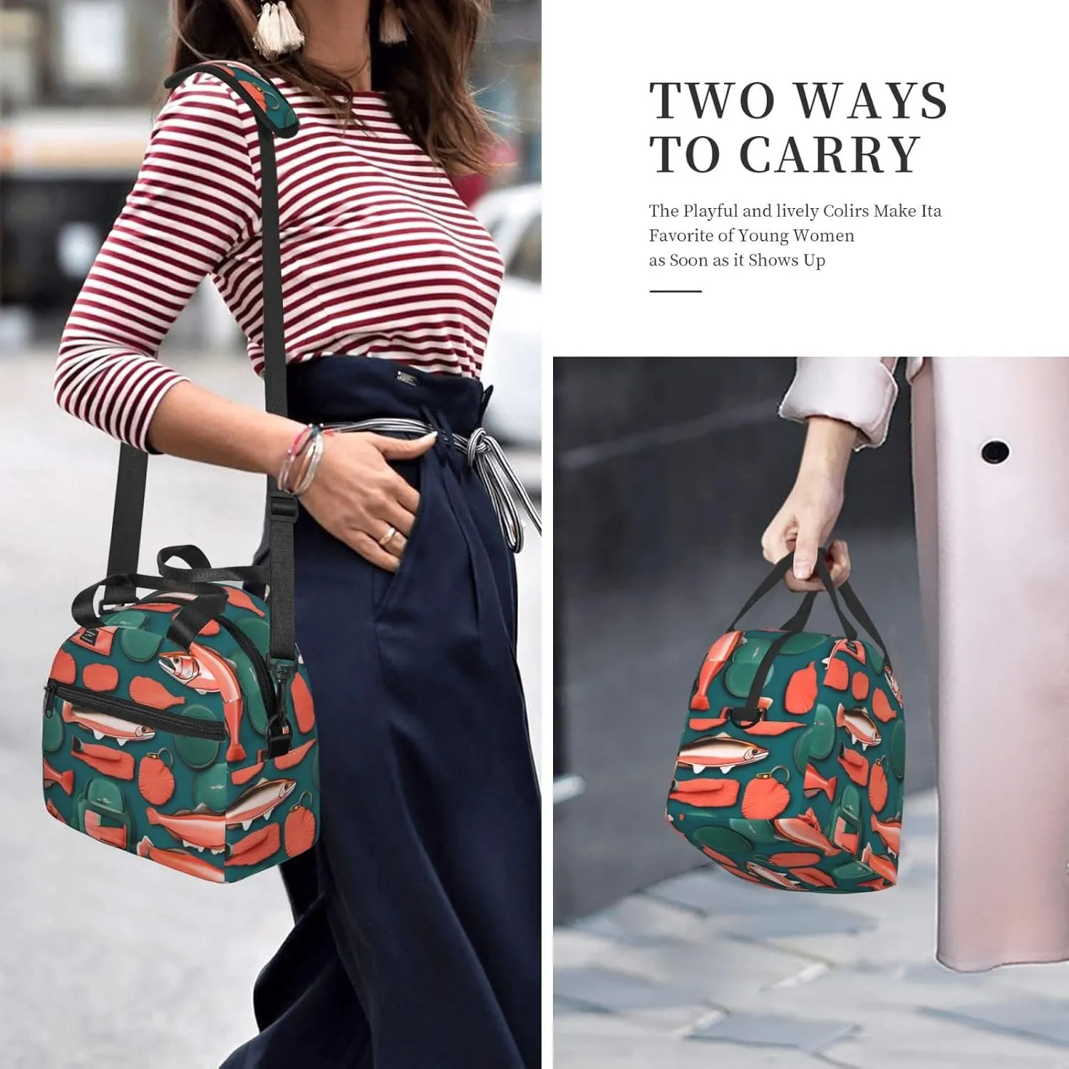 Salmon Pattern Lunch Bag Lunch Box Reusable Insulated For Adults For Work Travel Women Men