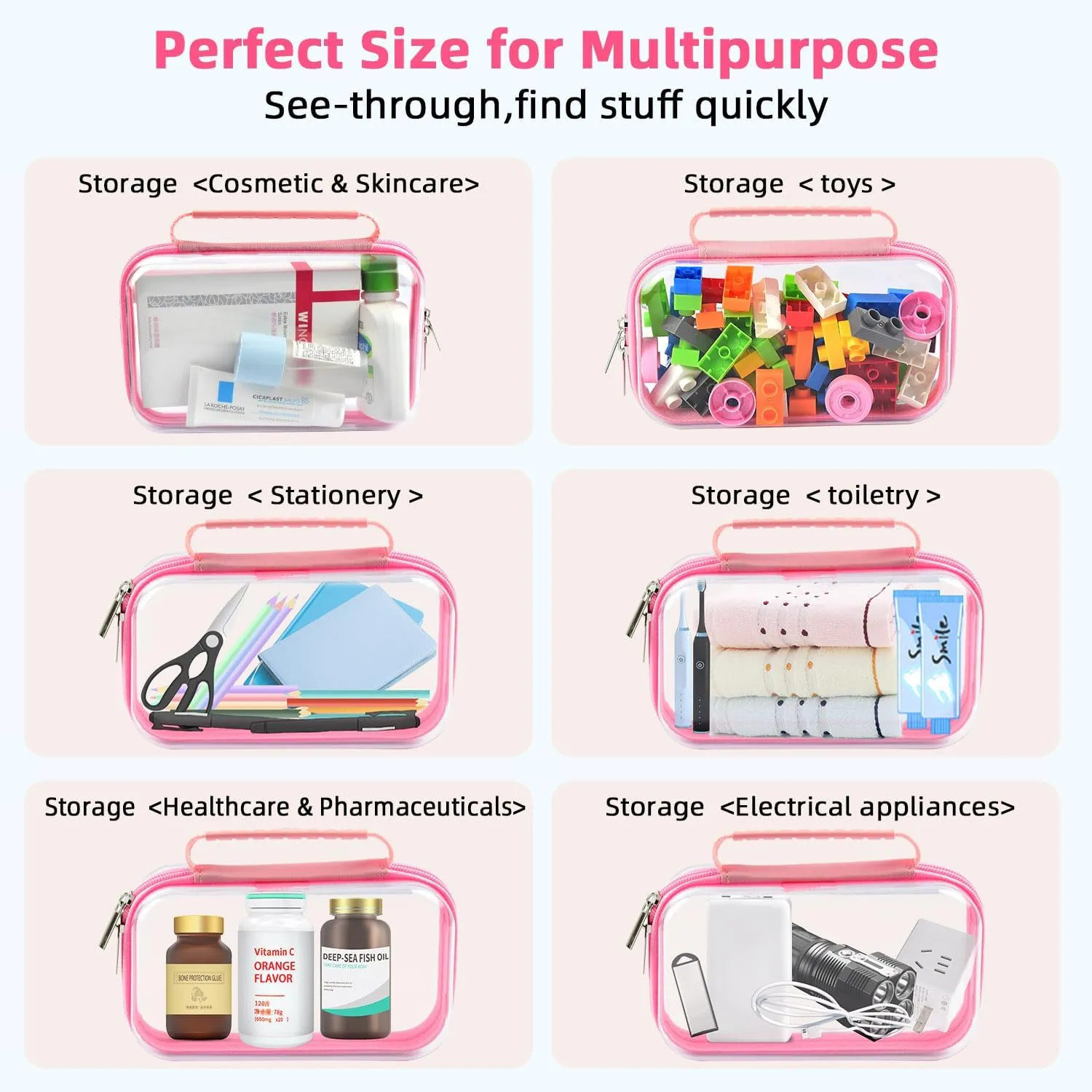 SameTech Zippered Hard Pouch, 2pcs Clear Plastic Storage Box Containers Small Toiletry Bag, Clear Hard Zipper Case for Small Items, Toys, Building Blocks, Puzzles, Cosmetics, Stationery Accessories