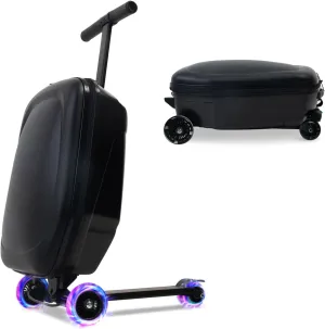 Scooter Luggage for Kids and Adults,Carry On Foldable Suitcase with Wheels,Multifunctional Ride On Trolley Scooter Case Bags (Black with LED)